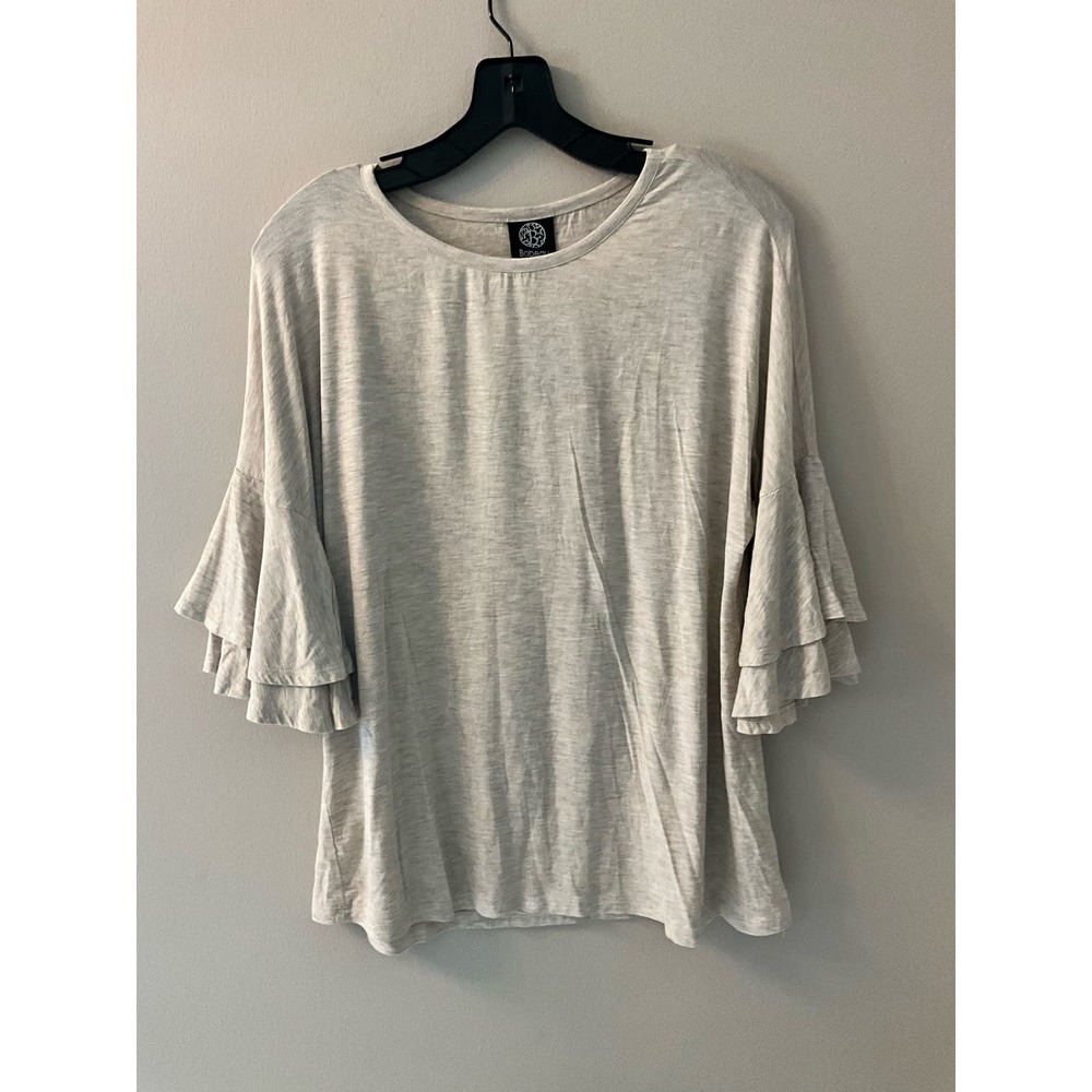 Bobeau Blouse Top Women's Size L White Long Tiered Ruffle Sleeve Crew Neck Rayon